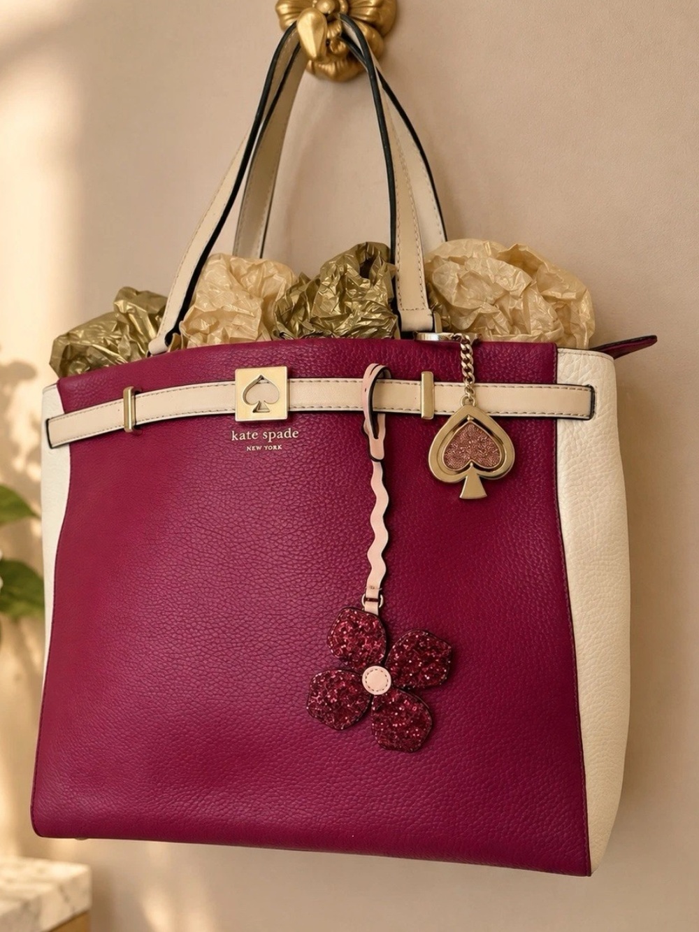 NWT Kate Spade Houston Street Satchel Red Plum WKRU4252 + Authentic KS Charms